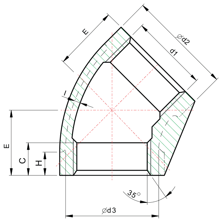 Drawing of a 150 lb threaded 45 degree elbow from our data sheet, with the dimension letters used in the chart