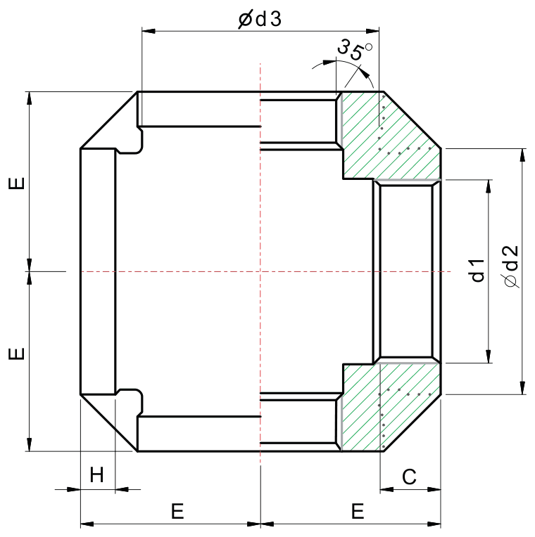 Drawing of a 150 lb threaded cross from our data sheet, with the dimension letters used in the chart