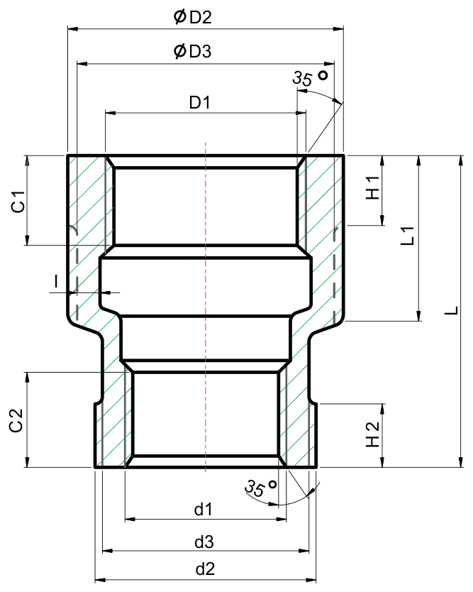 Drawing of a 150 lb threaded reducing coupling from our data sheet, with the dimension letters used in the chart
