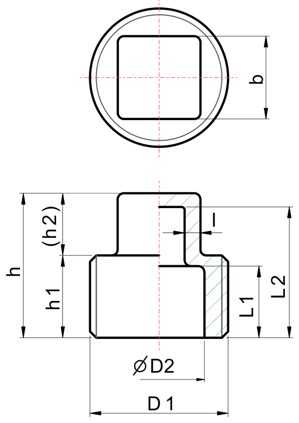 Drawing of a 150 lb threaded square head plug from our data sheet, with the dimension letters used in the chart
