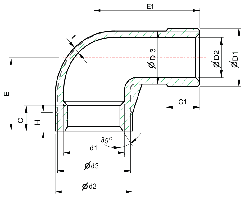 Drawing of a 150 lb threaded street 90 degree elbow from our data sheet, with the dimension letters used in the chart