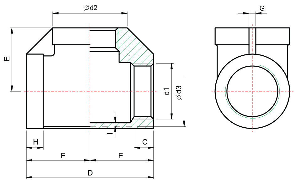 Drawing of a 150 lb threaded tee from our data sheet, with the dimension letters used in the chart