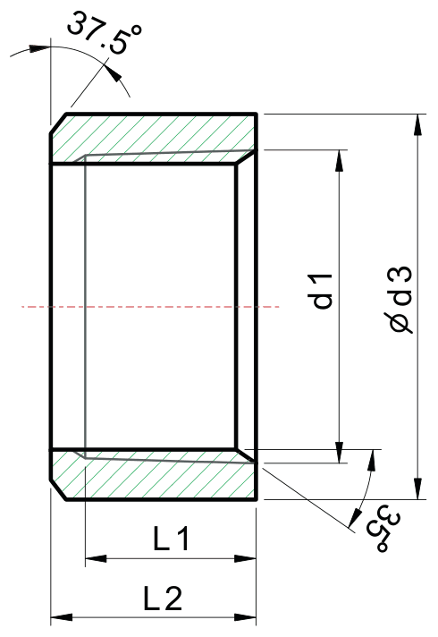 Drawing of a 150 lb threaded half coupling from our data sheet, with the dimension letters used in the chart