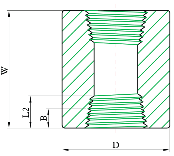 Drawing of a threaded forged full coupling from our data sheet, with its dimension letters