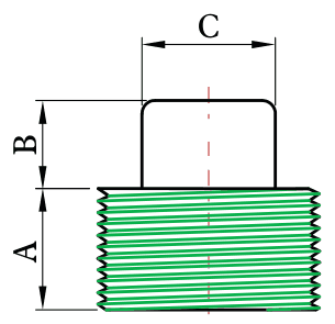 Drawing of a threaded forged square plug from our data sheet, with its dimension letters