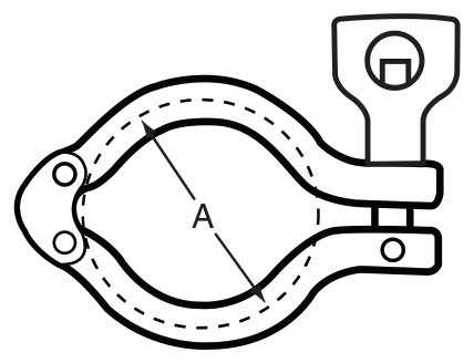 Drawing of a sanitary double hinged heavy duty clamp from our data sheet, with its dimension letters