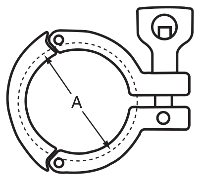 Drawing of a sanitary 3 piece segmented clamp from our data sheet, with its dimension letters