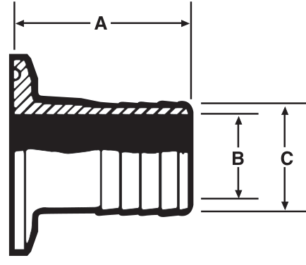 Drawing of a sanitary clamp rubber hose adapter from our data sheet, with its dimension letters