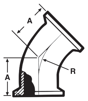 Drawing of a sanitary clamp 45° elbow from our data sheet, with its dimension letters