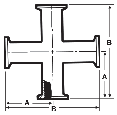 Drawing of a sanitary clamp cross from our data sheet, with its dimension letters
