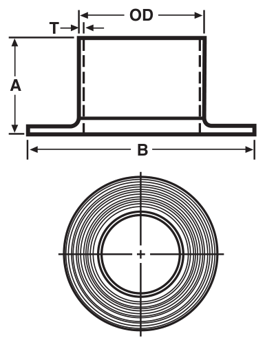 Drawing of a sanitary weld type A stub end from our data sheet, with the dimension letters used in the chart