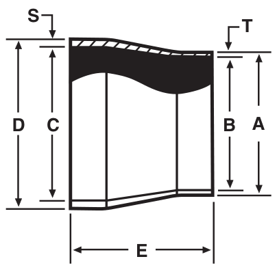 Drawing of a sanitary weld tube × pipe adapter from our data sheet, with the dimension letters used in the chart