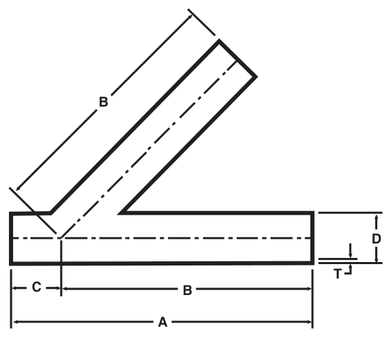 Drawing of a sanitary weld 45° lateral from our data sheet, with the dimension letters used in the chart