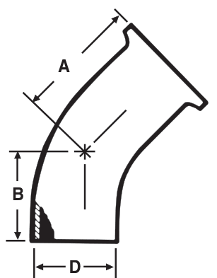Drawing of a sanitary weld 45° elbow (weld × clamp) from our data sheet, with the dimension letters used in the chart