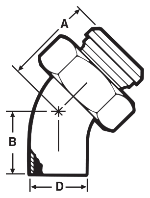 Drawing of a sanitary weld 45° elbow (weld × bevel hex nut) from our data sheet, with the dimension letters used in the chart