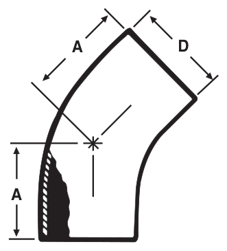 Drawing of a sanitary weld 45° elbow from our data sheet, with the dimension letters used in the chart