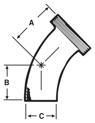 Drawing of a sanitary weld 45° elbow (weld × thread) from our data sheet, with the dimension letters used in the chart
