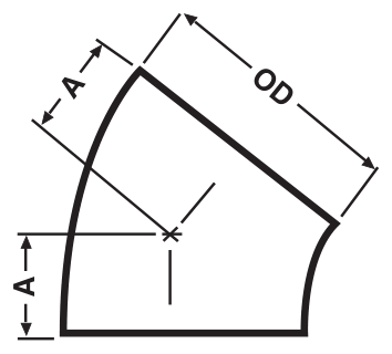 Drawing of a sanitary weld 45° short elbow from our data sheet, with the dimension letters used in the chart
