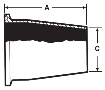Drawing of a sanitary weld concentric reducer (clamp × weld) from our data sheet, with the dimension letters used in the chart