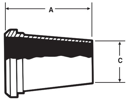 Drawing of a sanitary weld concentric reducer (bevel × weld) from our data sheet, with the dimension letters used in the chart