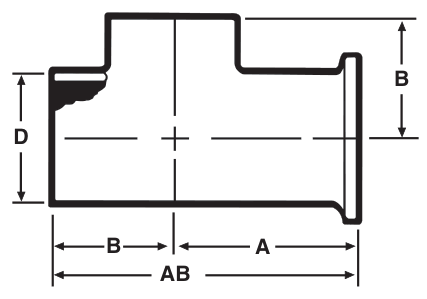 Drawing of a sanitary weld tee (weld × clamp run) from our data sheet, with the dimension letters used in the chart