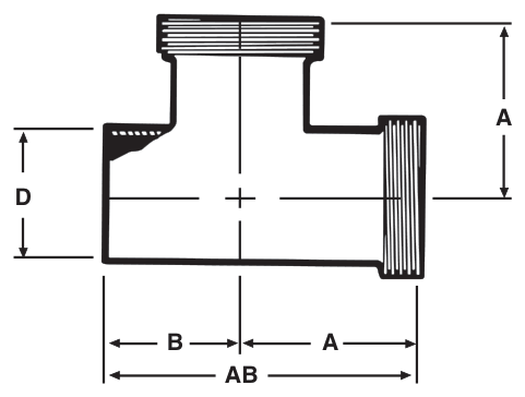 Drawing of a sanitary weld tee (weld × thread run × thread branch) from our data sheet, with the dimension letters used in the chart