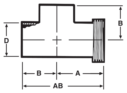 Drawing of a sanitary weld tee (weld × thread run) from our data sheet, with the dimension letters used in the chart