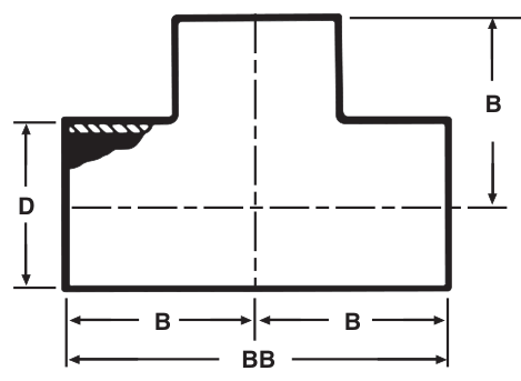 Drawing of a sanitary weld tee from our data sheet, with the dimension letters used in the chart