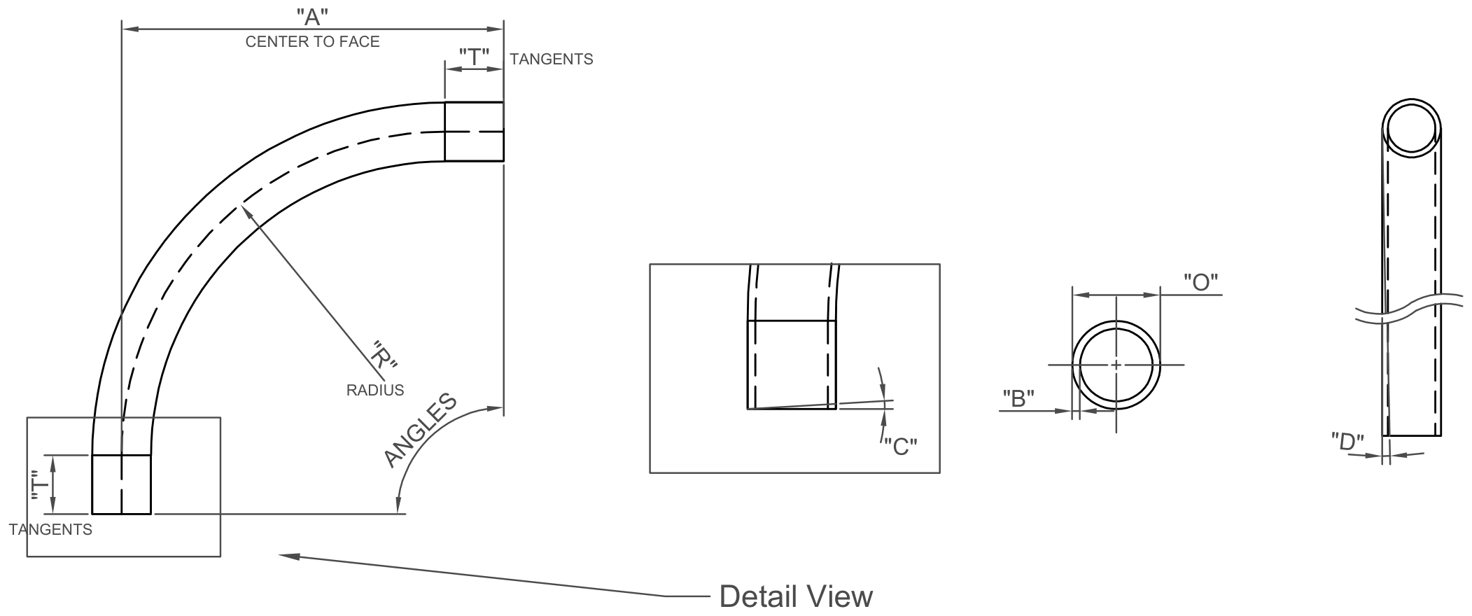 Drawing of a sanitary weld 90° sweep elbow from our sweep elbow data sheet (W2SXL), with the letters used in the charts
