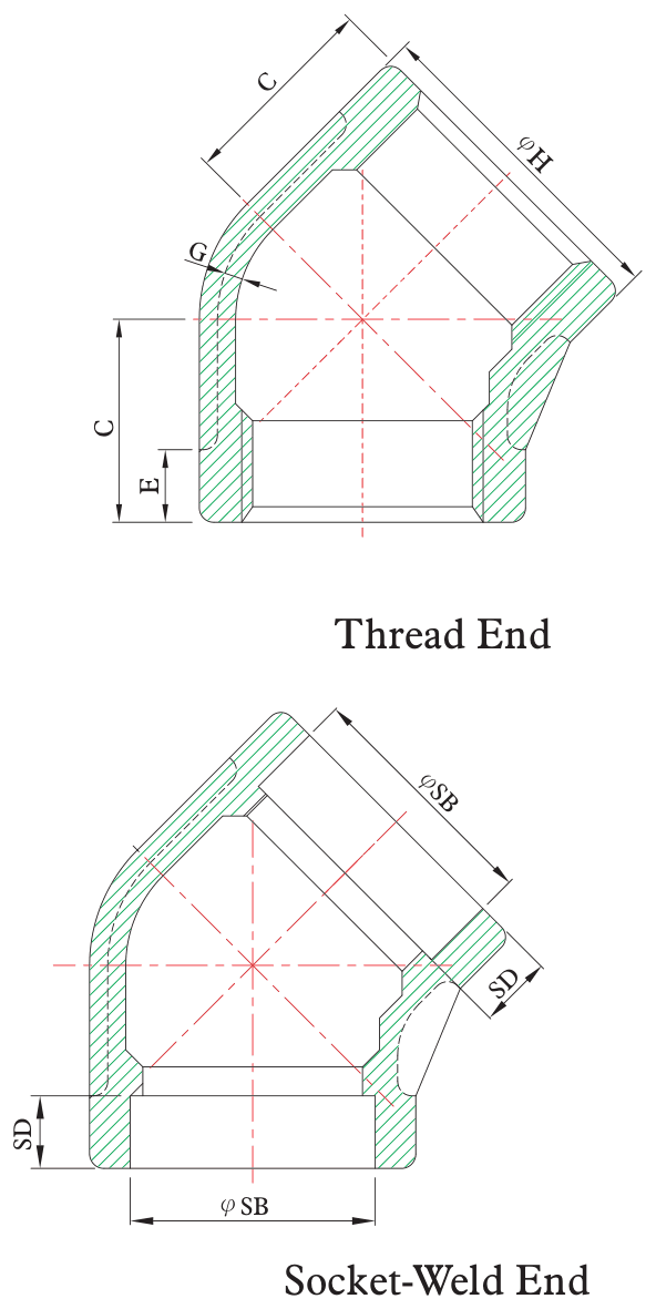 Drawing of a heavy pattern (MSS SP-114) 45 degree elbow from our data sheet: thread end and socket weld end, with the dimension letters used in the chart