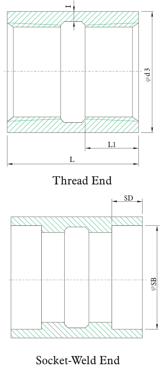 Drawing of a heavy pattern (MSS SP-114) full coupling from our data sheet: thread end and socket weld end, with the dimension letters used in the chart