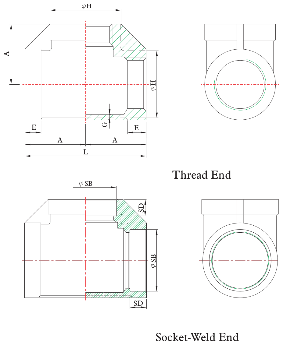 Drawing of a heavy pattern (MSS SP-114) tee from our data sheet: thread end and socket weld end, with the dimension letters used in the chart