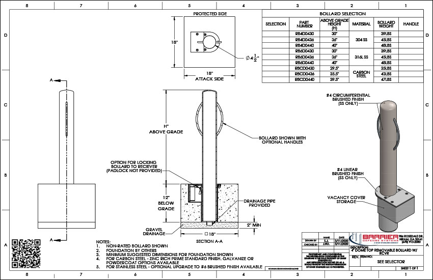 4in. Dome Top Removable Bollard With Rcvr