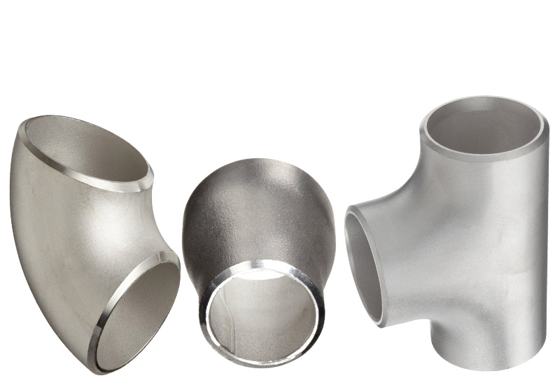 Assorted stainless steel butt weld fittings including elbows, tees and caps