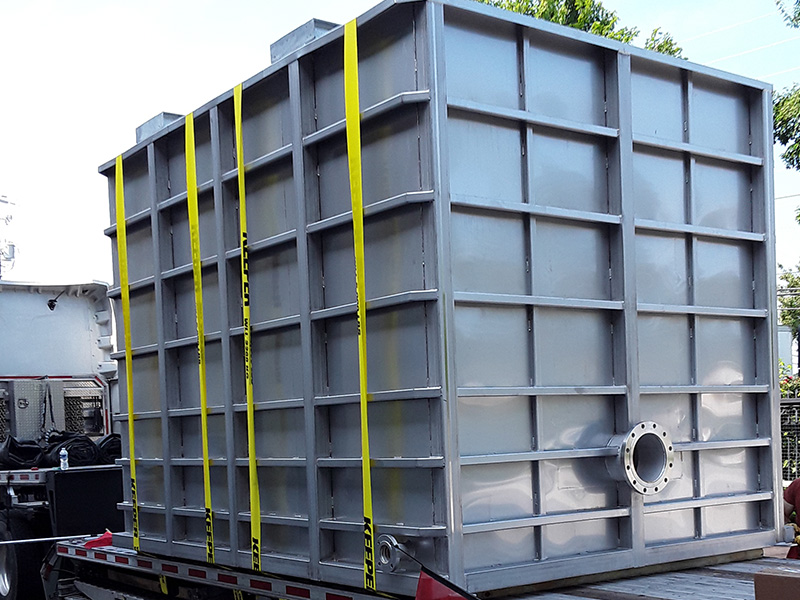 Large custom stainless steel flocculation tank for a wastewater treatment facility.